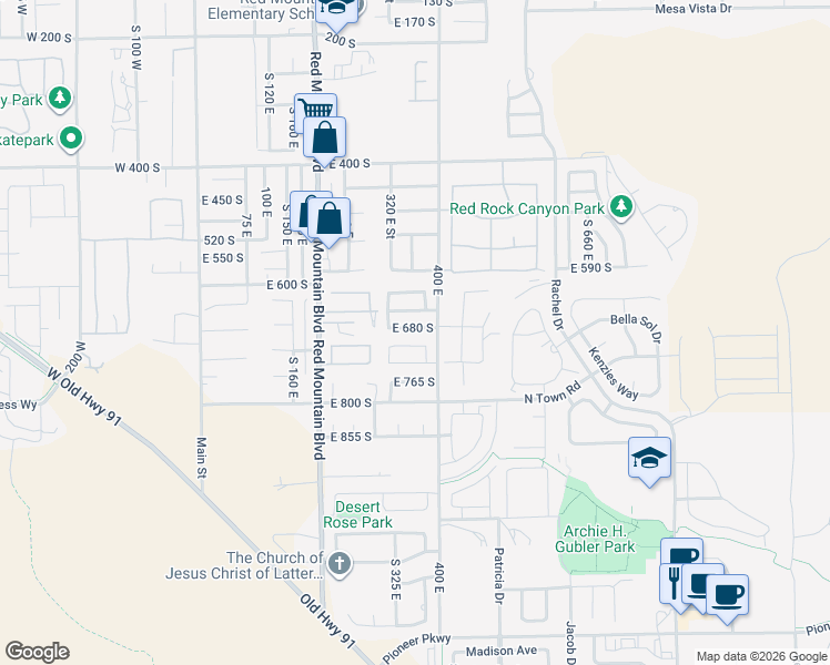 map of restaurants, bars, coffee shops, grocery stores, and more near 362 East 680 South in Ivins
