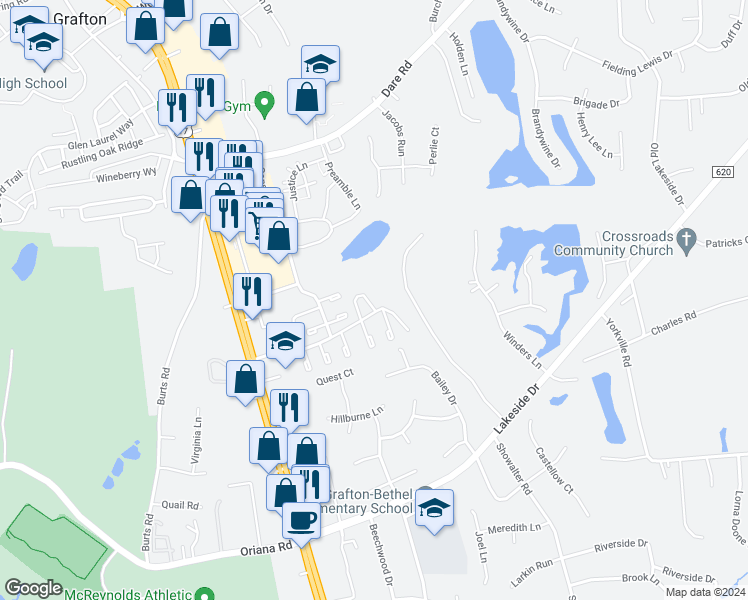 map of restaurants, bars, coffee shops, grocery stores, and more near 211 Resolution Drive in Yorktown