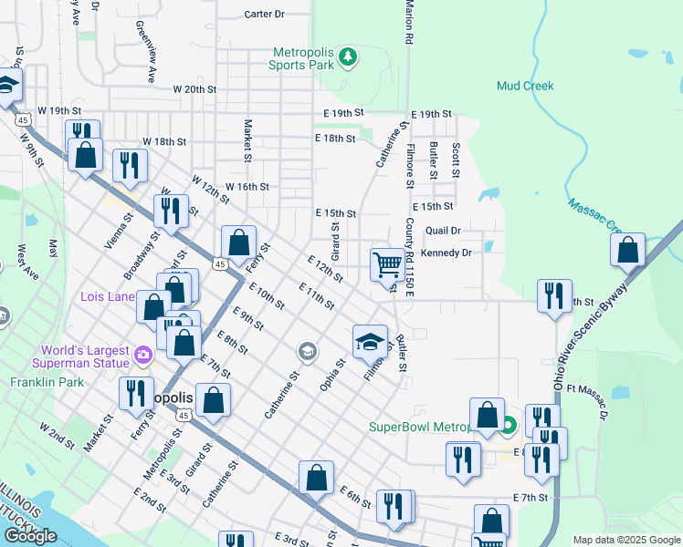 map of restaurants, bars, coffee shops, grocery stores, and more near 1200-1398 Girard St in Metropolis