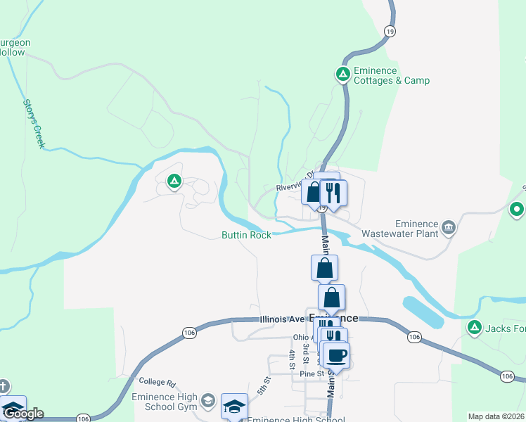 map of restaurants, bars, coffee shops, grocery stores, and more near 16061 Riverview Drive in Eminence
