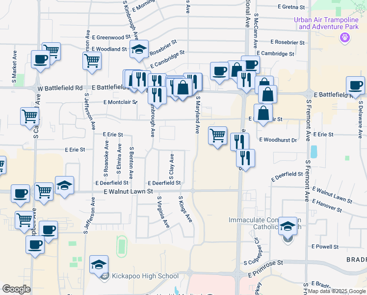 map of restaurants, bars, coffee shops, grocery stores, and more near 931 East Rockwood Street in Springfield