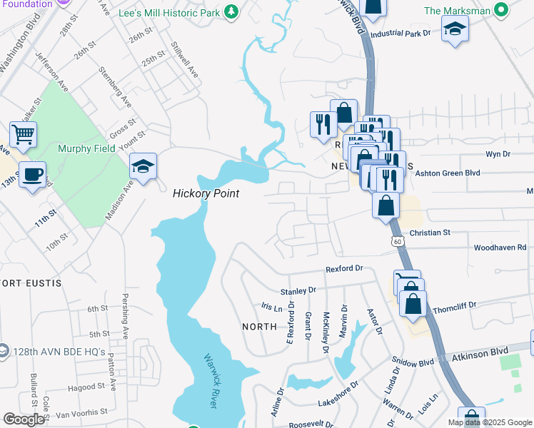 map of restaurants, bars, coffee shops, grocery stores, and more near 182 Sun Haven Court in Newport News