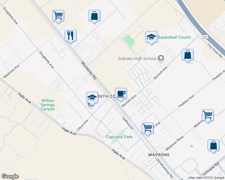 map of restaurants, bars, coffee shops, grocery stores, and more near 19688 Juniper Loop in Morgan Hill
