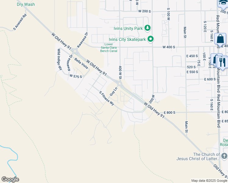 map of restaurants, bars, coffee shops, grocery stores, and more near Guy Ln in Ivins