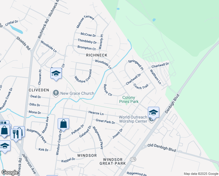 map of restaurants, bars, coffee shops, grocery stores, and more near 902 Chartwell Drive in Newport News