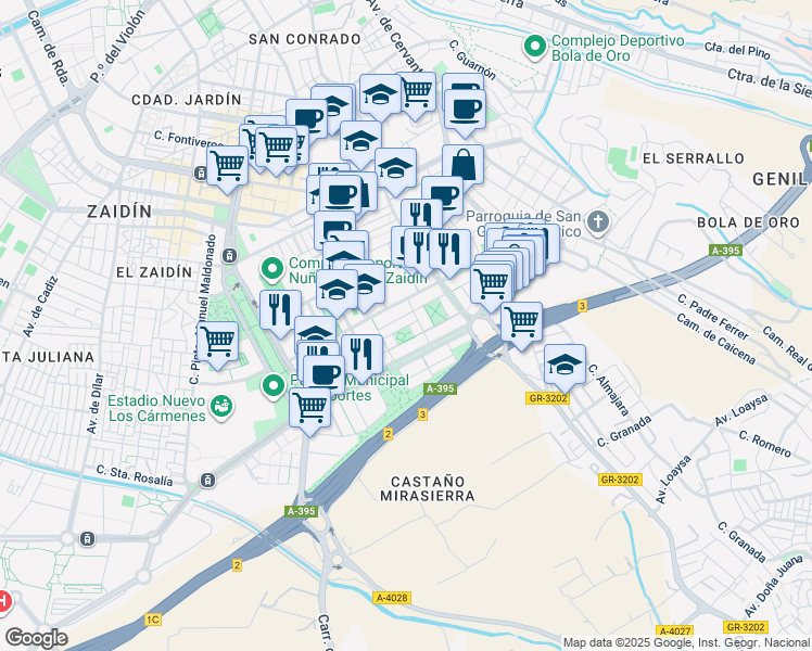 map of restaurants, bars, coffee shops, grocery stores, and more near 15 Plaza Gertrudis Gómez de Avellaneda in Granada