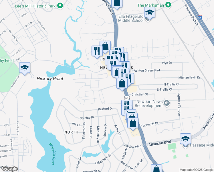 map of restaurants, bars, coffee shops, grocery stores, and more near 377 Hickory Point Boulevard in Newport News