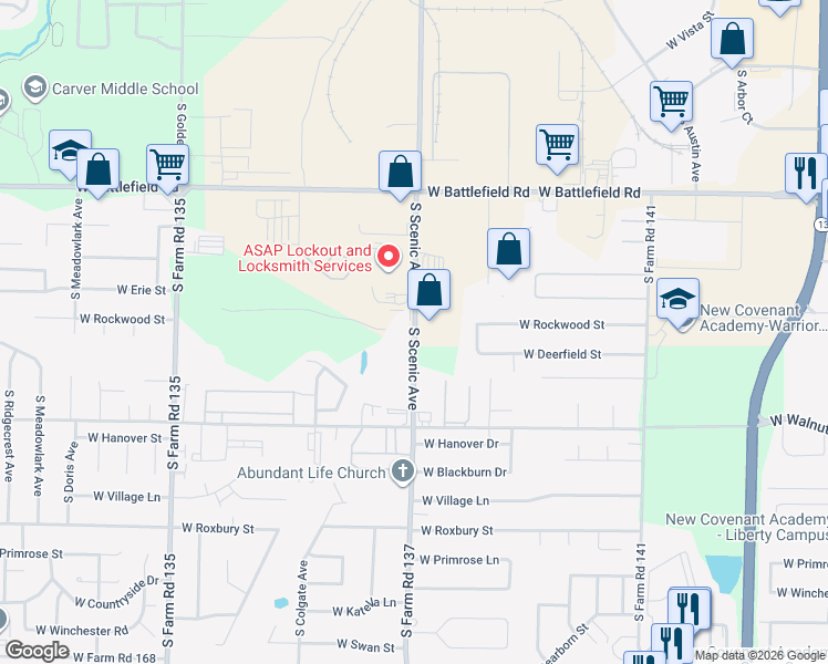 map of restaurants, bars, coffee shops, grocery stores, and more near 3216 South Scenic Avenue in Springfield