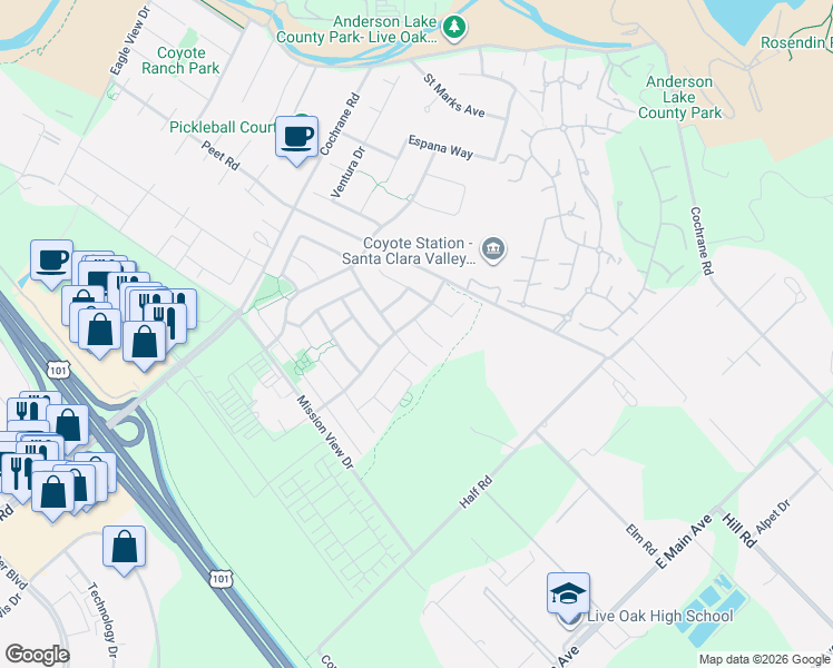 map of restaurants, bars, coffee shops, grocery stores, and more near 18285 Los Padres Place in Morgan Hill