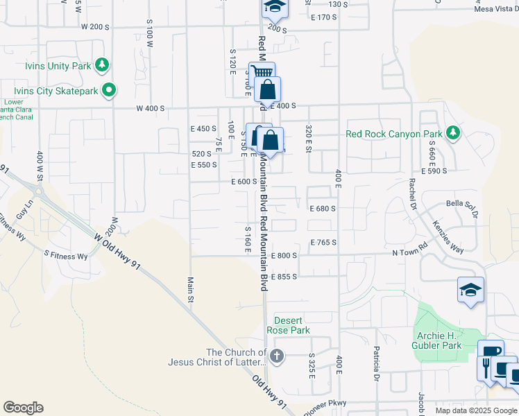 map of restaurants, bars, coffee shops, grocery stores, and more near 221 East 650 South in Ivins