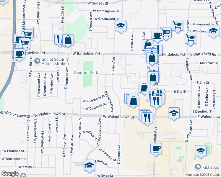 map of restaurants, bars, coffee shops, grocery stores, and more near 3160 S Pinehurst Ave in Springfield