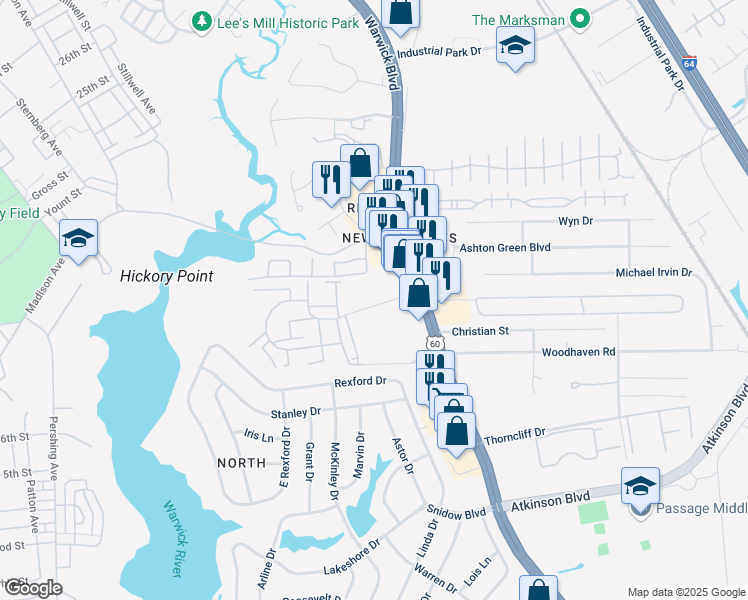 map of restaurants, bars, coffee shops, grocery stores, and more near 377 Hickory Point Boulevard in Newport News