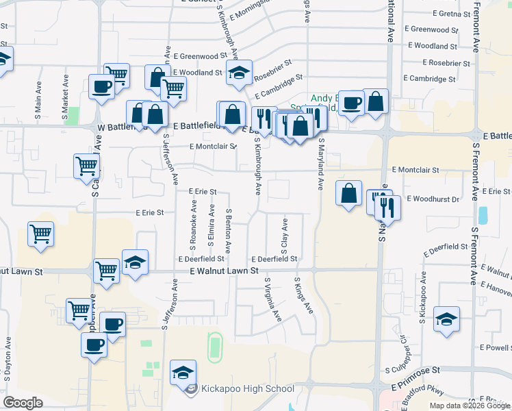 map of restaurants, bars, coffee shops, grocery stores, and more near 820 East Montclair Street in Springfield