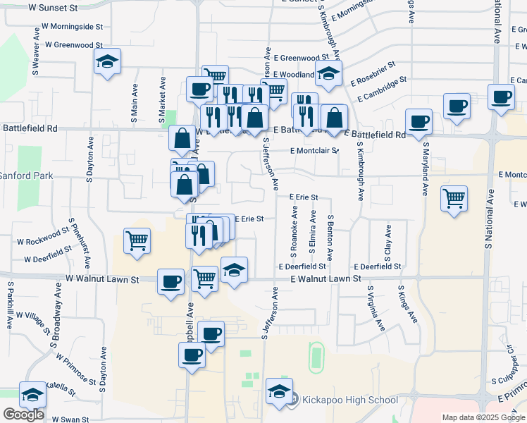 map of restaurants, bars, coffee shops, grocery stores, and more near 3161 South Jefferson Avenue in Springfield