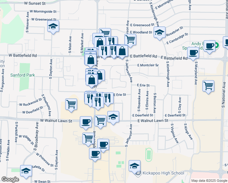 map of restaurants, bars, coffee shops, grocery stores, and more near 306 East Montclair Street in Springfield
