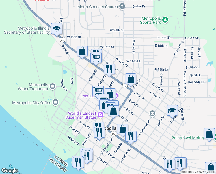 map of restaurants, bars, coffee shops, grocery stores, and more near 909 Pearl Street in Metropolis
