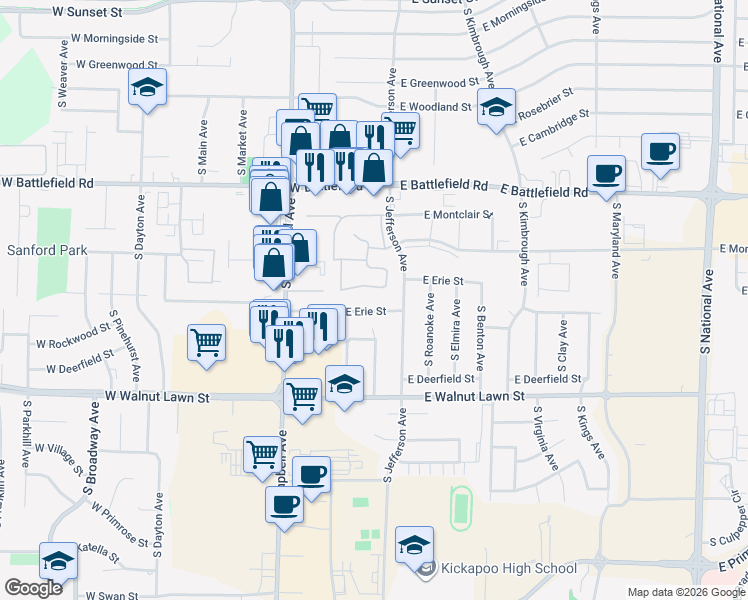 map of restaurants, bars, coffee shops, grocery stores, and more near 255 East Erie Street in Springfield