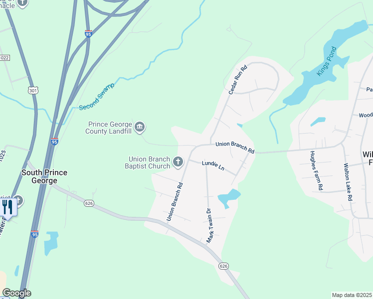 map of restaurants, bars, coffee shops, grocery stores, and more near 3360 Union Branch Road in Petersburg