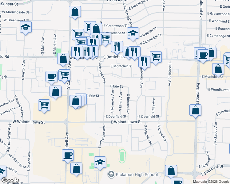 map of restaurants, bars, coffee shops, grocery stores, and more near 3159 South Roanoke Avenue in Springfield