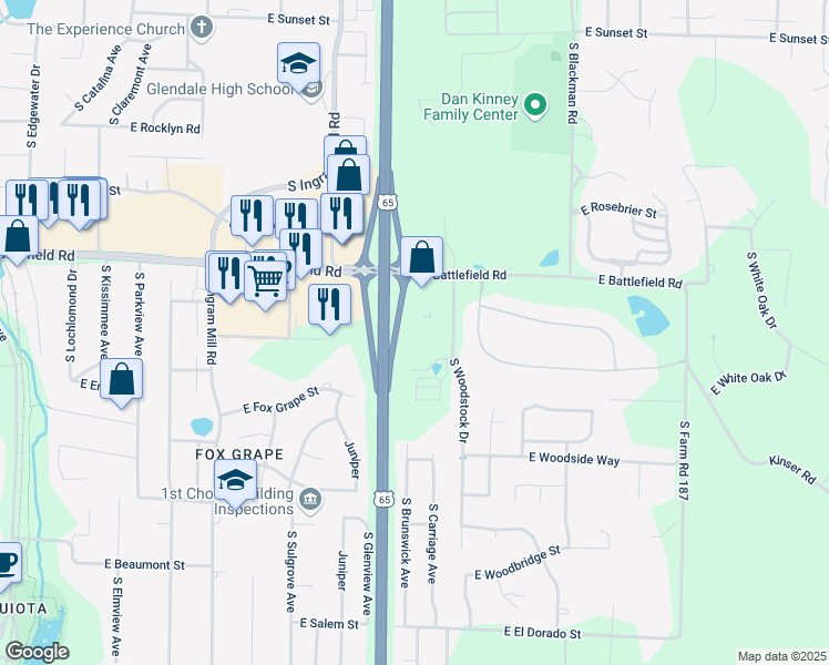 map of restaurants, bars, coffee shops, grocery stores, and more near 3550 East Battlefield Road in Springfield