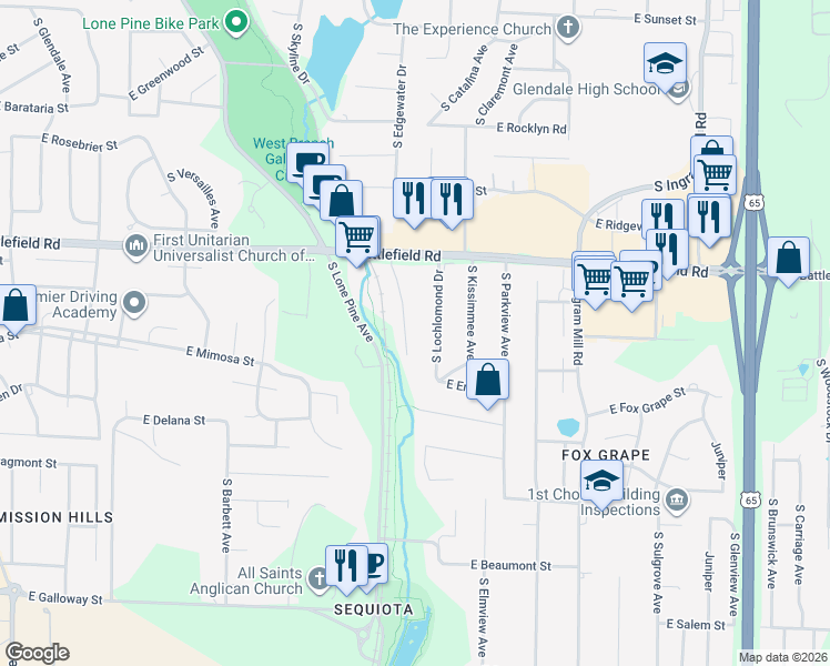 map of restaurants, bars, coffee shops, grocery stores, and more near 3063 S Lochlomond Dr in Springfield