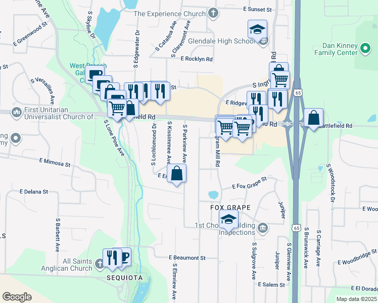 map of restaurants, bars, coffee shops, grocery stores, and more near 3057 South Parkview Avenue in Springfield