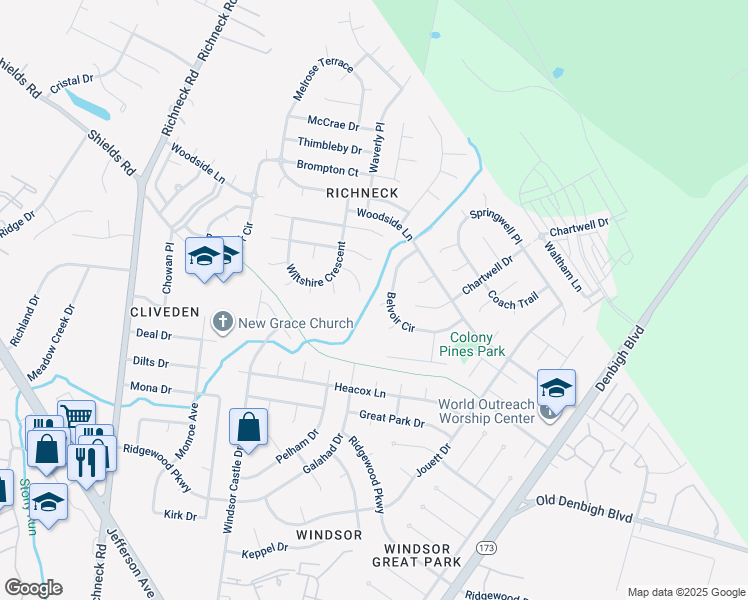 map of restaurants, bars, coffee shops, grocery stores, and more near 889 Little Dean Circle in Newport News
