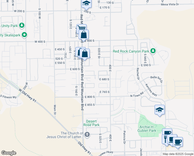 map of restaurants, bars, coffee shops, grocery stores, and more near 668 South 315 East in Ivins
