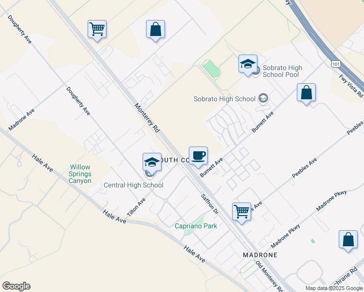 map of restaurants, bars, coffee shops, grocery stores, and more near 19668 Juniper Loop in Morgan Hill