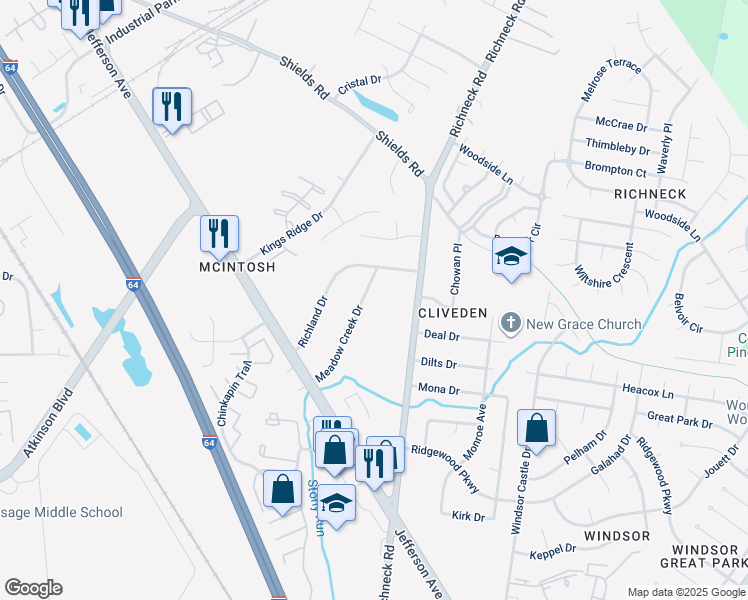 map of restaurants, bars, coffee shops, grocery stores, and more near 28 Meadow Creek Drive in Newport News