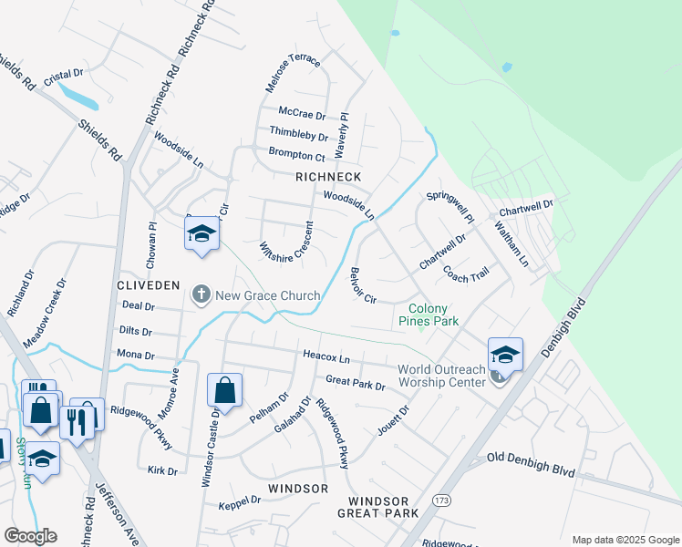 map of restaurants, bars, coffee shops, grocery stores, and more near 889 Little Dean Circle in Newport News