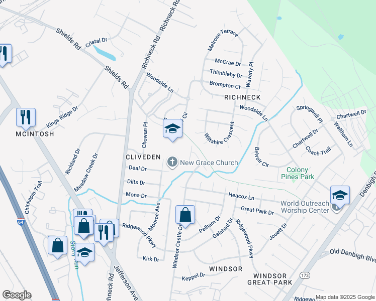 map of restaurants, bars, coffee shops, grocery stores, and more near 265 Castle Keep Court in Newport News