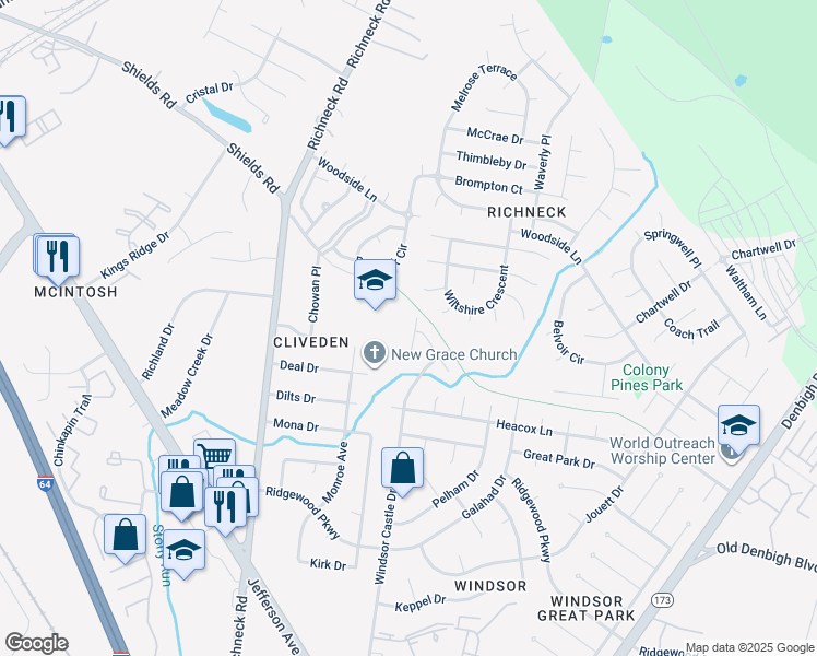 map of restaurants, bars, coffee shops, grocery stores, and more near 265 Castle Keep Court in Newport News
