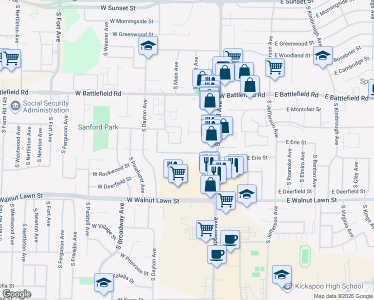 map of restaurants, bars, coffee shops, grocery stores, and more near 516 East Erie Street in Springfield