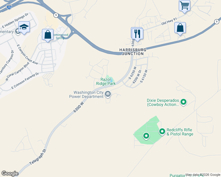 map of restaurants, bars, coffee shops, grocery stores, and more near 518 South 6250 West in Hurricane