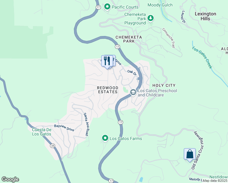 map of restaurants, bars, coffee shops, grocery stores, and more near 21488 Beatrice Circle in Los Gatos