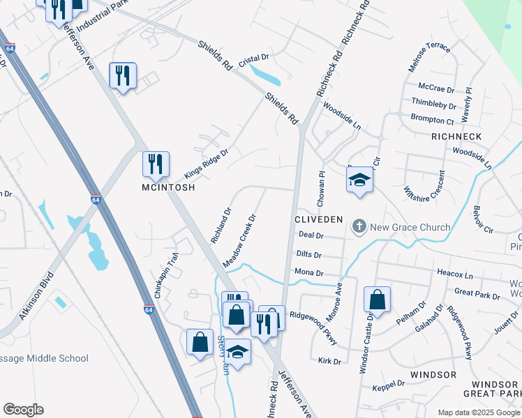 map of restaurants, bars, coffee shops, grocery stores, and more near 28 Meadow Creek Drive in Newport News