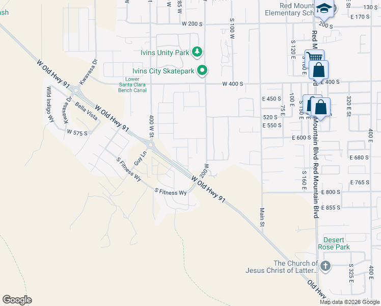 map of restaurants, bars, coffee shops, grocery stores, and more near 760 200 West in Ivins
