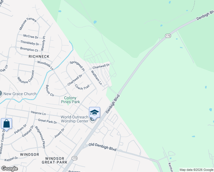 map of restaurants, bars, coffee shops, grocery stores, and more near 1408 Waltham Lane in Newport News