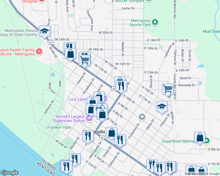 map of restaurants, bars, coffee shops, grocery stores, and more near 217-241 Ohio River Scenic Byway in Metropolis