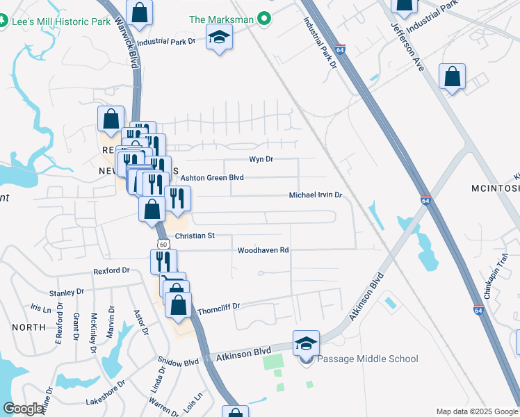 map of restaurants, bars, coffee shops, grocery stores, and more near 471 North Trellis Court in Newport News