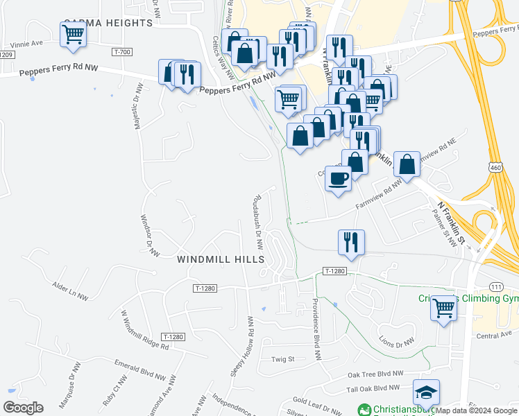 map of restaurants, bars, coffee shops, grocery stores, and more near 280 Roudabush Drive Northwest in Christiansburg