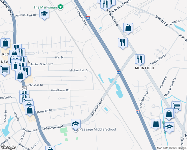 map of restaurants, bars, coffee shops, grocery stores, and more near 535 Michael Irvin Drive in Newport News