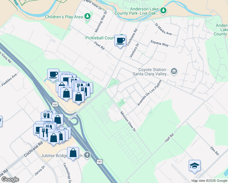 map of restaurants, bars, coffee shops, grocery stores, and more near 18430 Carmelo Court in Morgan Hill