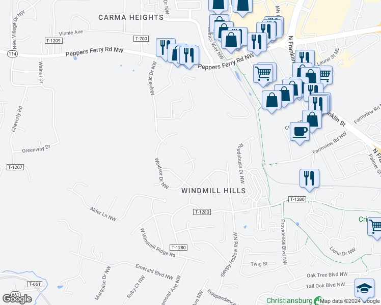 map of restaurants, bars, coffee shops, grocery stores, and more near 185 Windsor Drive Northwest in Christiansburg