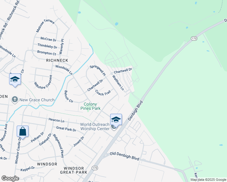 map of restaurants, bars, coffee shops, grocery stores, and more near 1213 Springwell Place in Newport News