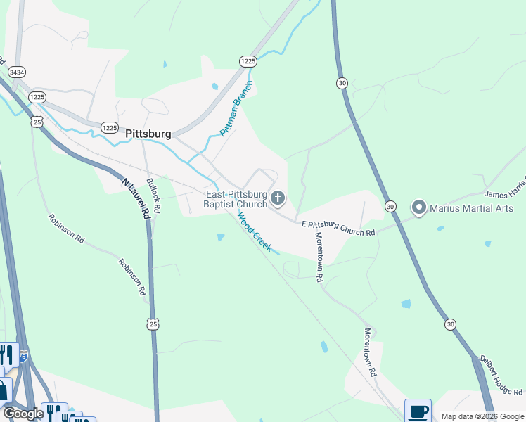 map of restaurants, bars, coffee shops, grocery stores, and more near 2075 East Pittsburg Church Road in London