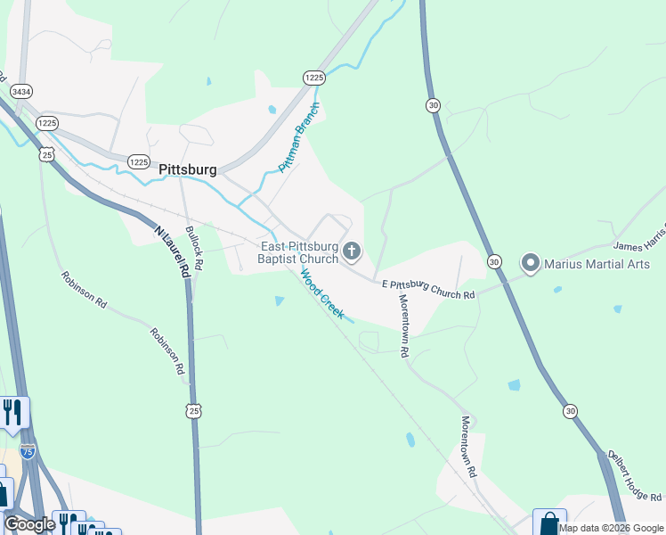 map of restaurants, bars, coffee shops, grocery stores, and more near 2075 East Pittsburg Church Road in London