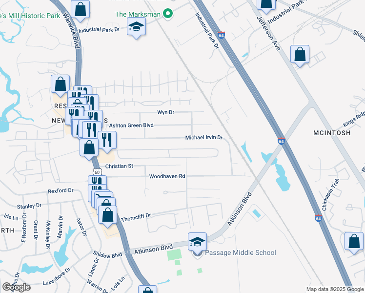 map of restaurants, bars, coffee shops, grocery stores, and more near 487 North Trellis Court in Newport News