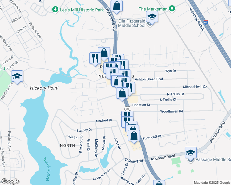 map of restaurants, bars, coffee shops, grocery stores, and more near 399 Hickory Point Boulevard in Newport News